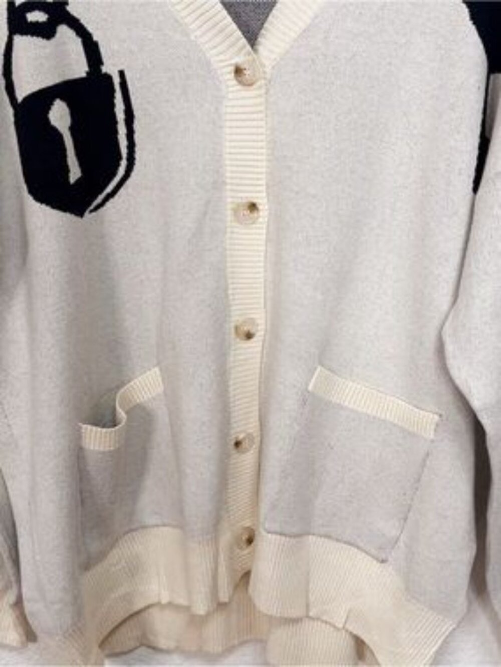 Miss Sparkling Lock Key Chain Graphic Oversized Button Front Knit Cardigan - Picture 6 of 8